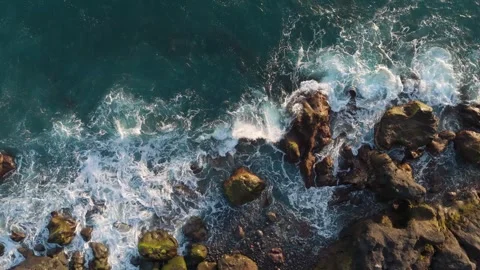 Aerial Drone Descending Toward Waves on Volcanic Lava Coast, Tenerife Stock Footage 336280069