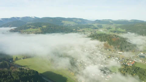 Aerial drone descent from mountain forest into foggy valley Stock Footage 320197261