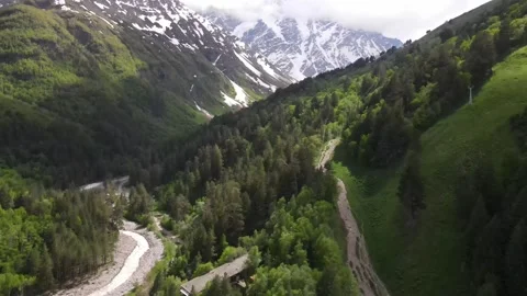 Aerial drone descent over alpine forest and valley Stock Footage 337050045