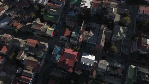 Aerial Drone Diagonal Flight Looking Down at Colorful Rooftops in Valparaíso Video stock 320970773