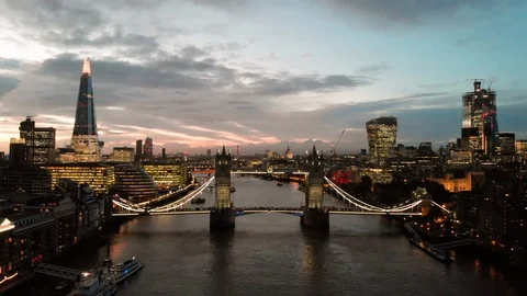 Aerial Drone Distant Dusk View Of Tower Bridge The Shard And Thames River Video stock 102037375