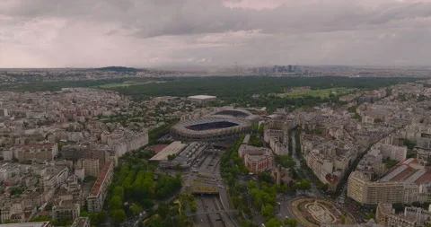 Aerial drone distant sunset Seine River bridge traffic cars driving, Paris city Stock Footage 247215919