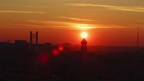 Aerial Drone Distant Sunset View Of Basarab Bridge Overpass Bucharest City Stock Footage 131236460