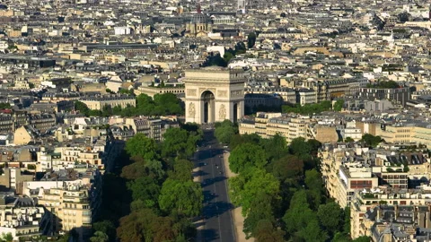 Aerial drone distant sunset view of Tour Eiffel Tower and Seine River bridge Stockbeeldmateriaal 205467446