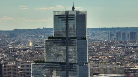 Aerial drone distant sunset view of Tour Eiffel Tower and skyscraper, Paris city Stockbeeldmateriaal 208136317