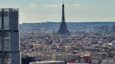Aerial drone distant sunset view of Tour Eiffel Tower and skyscraper, Paris city Stockbeeldmateriaal 208840266