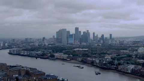 Aerial drone distant view of Canary Wharf London's Dockland Skyline Video stock 119987855