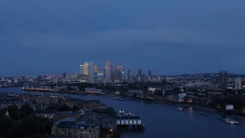 Aerial drone distant view of Canary Wharf Business Towers of London Skyline Video stock 125997622