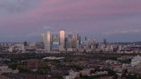 Aerial drone distant view of Canary Wharf Business Towers of London Skyline Video stock 125997989