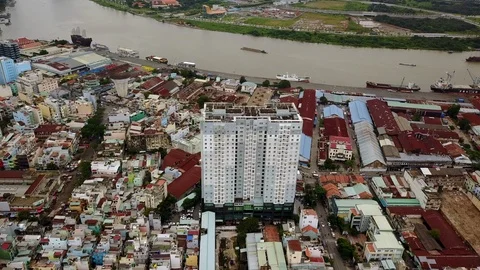 Aerial Drone - Docks &amp; Saigon River - Downtown  Ho Chi Minh City Vietnam Stock Footage 87238756