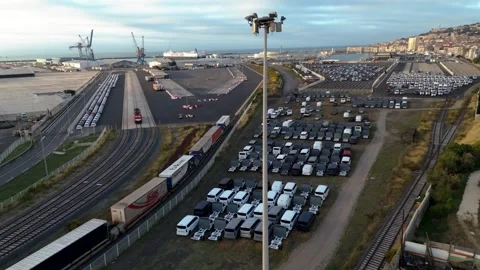 Aerial Drone Dolly In of Freight Train Cargo Logistics and Vehicle Storage at Stock Footage 337976193