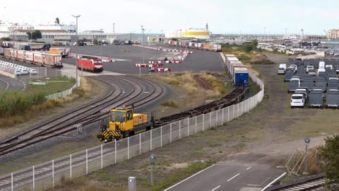 Aerial Drone Dolly In View of Freight Train Loading Cargo in Normandy France 動画素材 337976056