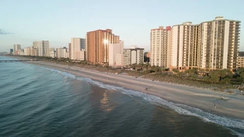 Aerial Drone during sunrise at Myrtle Beach, South Carolina Video stock 320031689