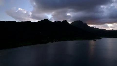 Aerial Drone during Sunset flying from Bay to Coast of Raiatea 10Bit Stock Footage 171606993