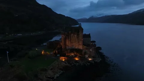 Aerial Drone Eilean Donan castle Scotland UK Stock Footage 240069711