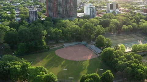 Aerial Drone of Empty Baseball Field at Sunrise in La Fontaine Park Video stock 155884138
