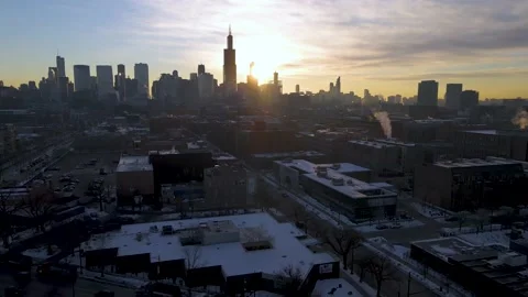 Aerial drone establishing shot of Chicago downtown area during the winter Stock Footage