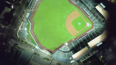 Aerial Drone Establishing Shot of Empty Baseball Field Stadium At Night Stock Footage 212037675