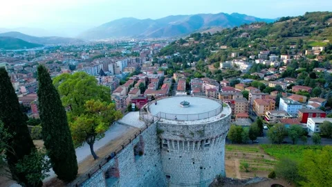 Aerial drone flight 4k view Brescia medieval castle above tower Italy Stock Footage 202592154
