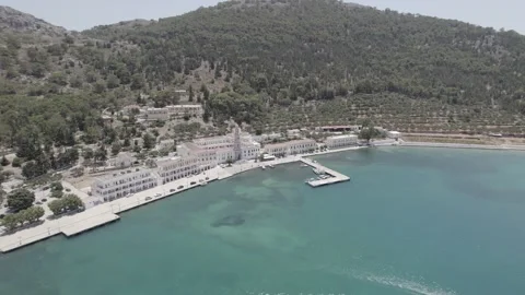Aerial drone flight above Panormitis, on Symi island 스톡 동영상 170523985