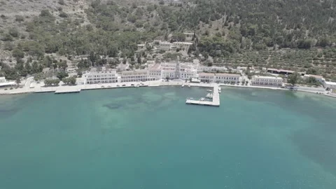 Aerial drone flight above Panormitis, on Symi island Video stock 170525660