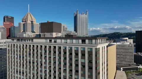 Aerial Drone Flight Across Pittsburgh Downtown Skyline Stock Footage 292829697