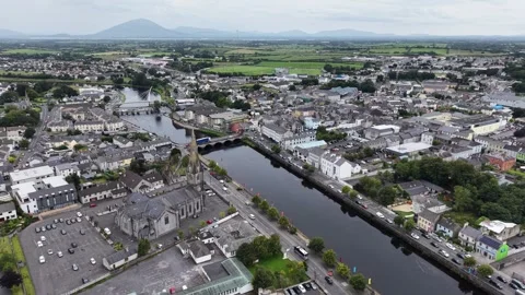 Aerial drone flight along the river Moy in Ballina, County Mayo, Ireland. Stock Footage 343737473