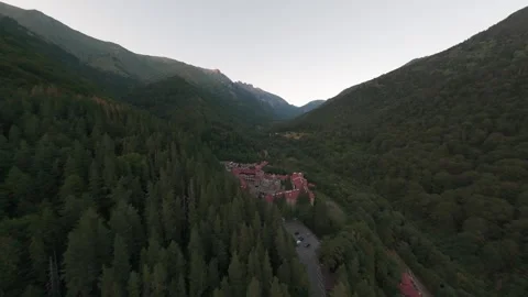 Aerial drone flight approaching Rila Monastery surrounded by forest in Bulgaria. Vidéo 341469830