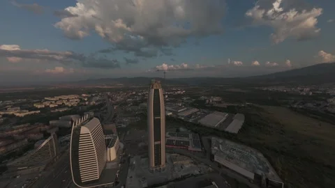 Aerial drone flight around modern skyscrapers at sunset in Sofia, Bulgaria. Stock Footage 340270189