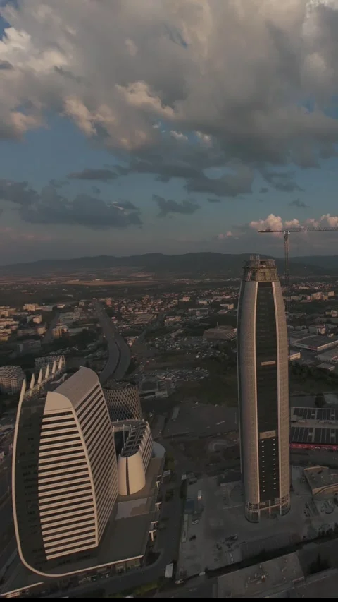 Aerial drone flight around modern skyscrapers at sunset in Sofia, Bulgaria. Stock Footage 340814087