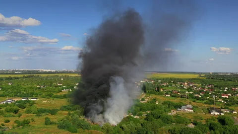 Aerial drone flight to big fire with Black smoke, 4k Stock Footage 136541853