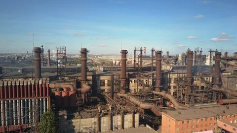 Aerial; Drone flight in a circle over the outdated production, Russia Stock Footage 95628934