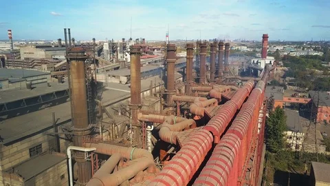 Aerial; Drone flight in a circle over the outdated production, Russia Stock Footage 95630989