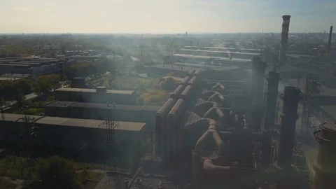 Aerial; Drone flight in a circle over the outdated production, Russia Stock Footage 95632393
