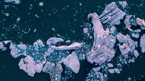 Aerial Drone Flight Floating Arctic Ice Melting In Icelandic Lake Majestic Stock Footage