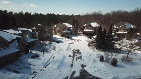 Aerial drone flight low over a suburban community on a bright day in winter. Video stock 103824733