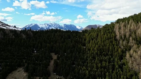 Aerial drone flight over alpine forest ridge near La Salette Stock Footage 312236871
