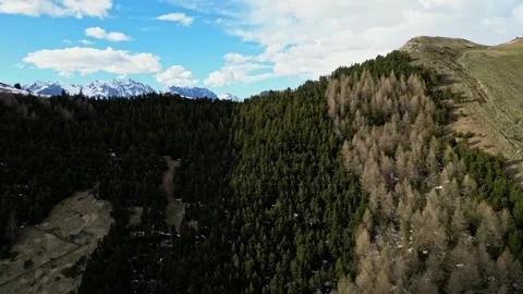 Aerial drone flight over alpine forest ridge near La Salette Stock Footage 312236929