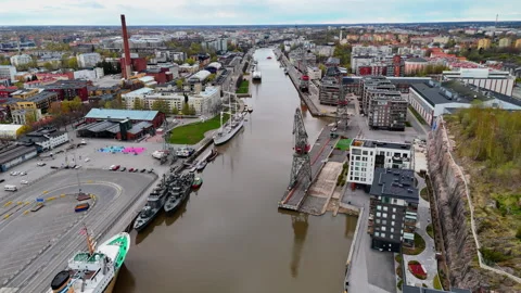 Aerial Drone Flight Over the Aurajoki-River Towards Turku City Center, Finland Stock Footage 310045832