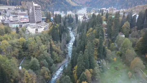 Aerial drone flight over autumn forest and mountain river Stock Footage 337528795
