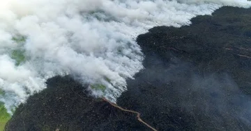 Aerial drone flight over burning hill side with thick white smoke blown off f Stock Footage 85644183
