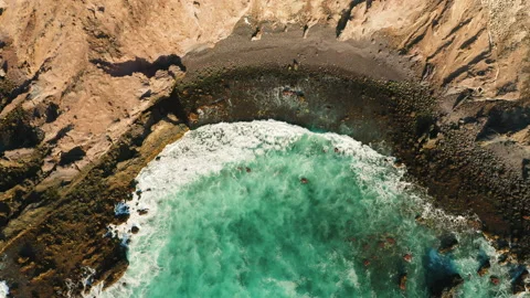 Aerial drone flight over clear wild rocky cliff, paradise island Tenerife. Waves Stock Footage 205319447