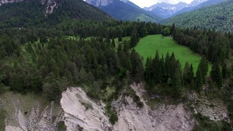 Aerial drone flight over clearing with house on green field between wood of fir 스톡 동영상 80594591