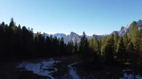 Aerial drone flight over a dark pine forest with Dolomite mountain peaks. Stock Footage 325672008