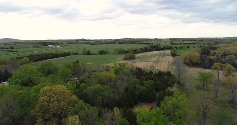 Aerial drone flight over deciduous forest and fields Stock Footage 106946300