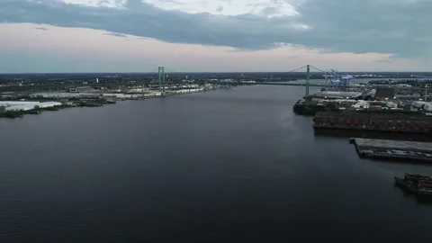Aerial Drone Flight Over Delaware River  Walt Whitman Bridge Stock Footage 138848312