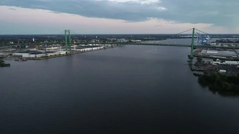 Aerial Drone Flight Over Delaware River  Walt Whitman Bridge Stock Footage 138848321