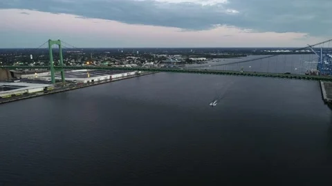 Aerial Drone Flight Over Delaware River  Walt Whitman Bridge Stock Footage 138848334
