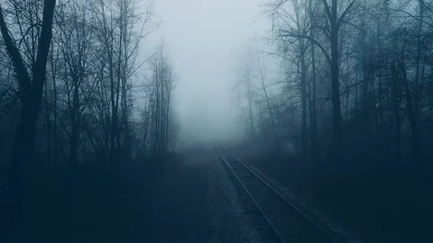 Aerial Drone Flight Over a Foggy Rail Road Tracks Stock Footage