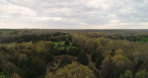Aerial drone flight over forest land on cloudy day Stock Footage 107047334